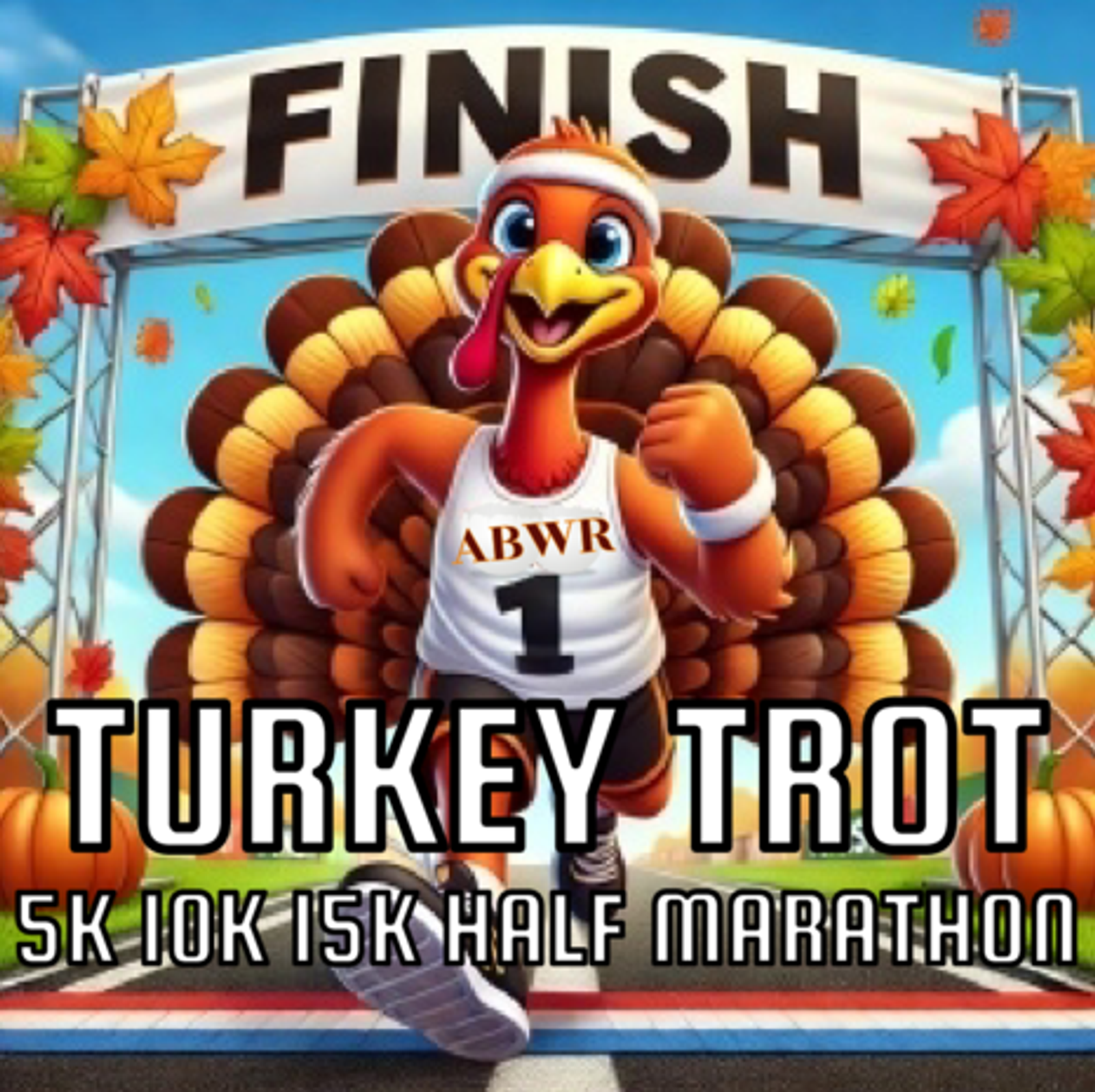 A cartoon turkey wearing a race bib and headband runs through a fall-themed finish line banner that reads “FINISH.” Text below says "Turkey Trot 5K 10K 15K Half Marathon." Autumn leaves and pumpkins decorate the scene.