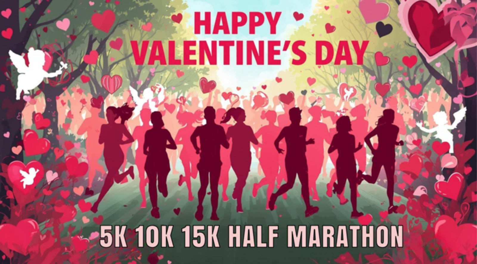 Silhouettes of people running a marathon in a park filled with hearts and doves. Text reads "Happy Valentine's Day" above, and "5K 10K 15K Half Marathon" below. The scene has a festive, romantic atmosphere.
