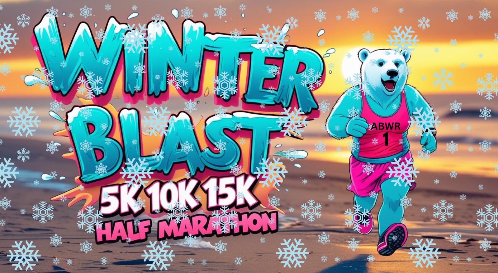 A cartoon polar bear in pink athletic gear runs on a snowy beach. Large text reads βWinter Blast 5K 10K 15K Half Marathon.β Snowflakes and bright colors highlight the festive, winter race theme.