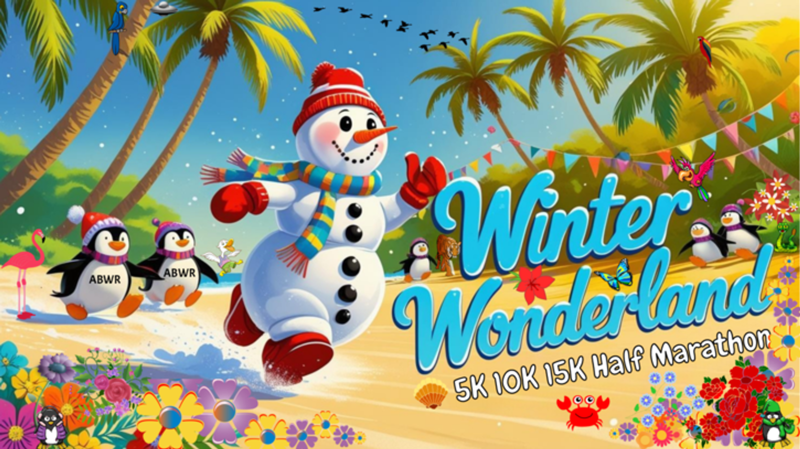 A smiling snowman in a hat and scarf runs on a tropical beach with racing penguins. Palm trees, flowers, and a bright sky surround them. Text reads "Winter Wonderland 5K 10K 15K Half Marathon.