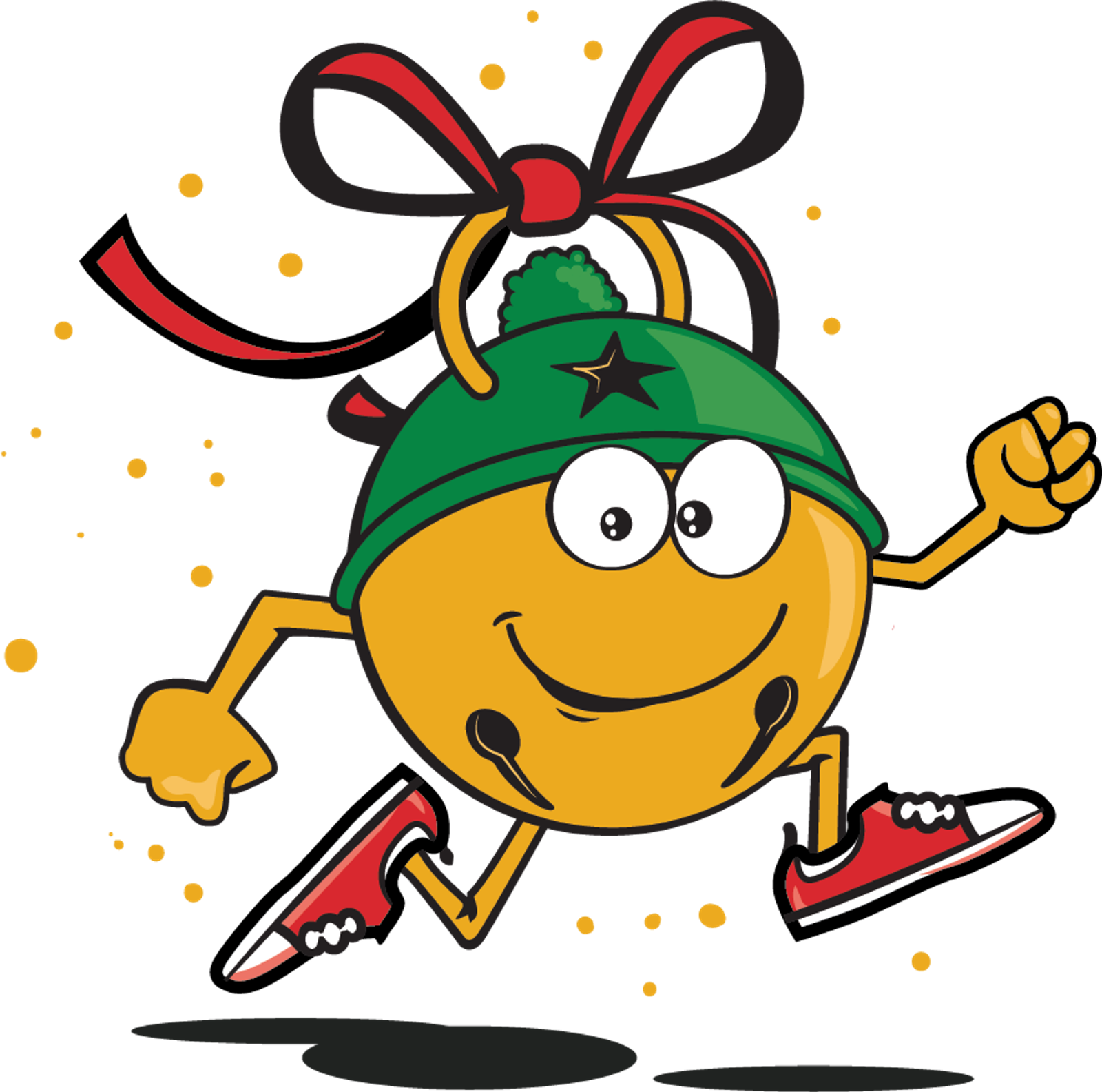A cheerful cartoon jingle bell with arms and legs, wearing a green winter hat and red sneakers, is running energetically with a big smile and a red and black bow on top.