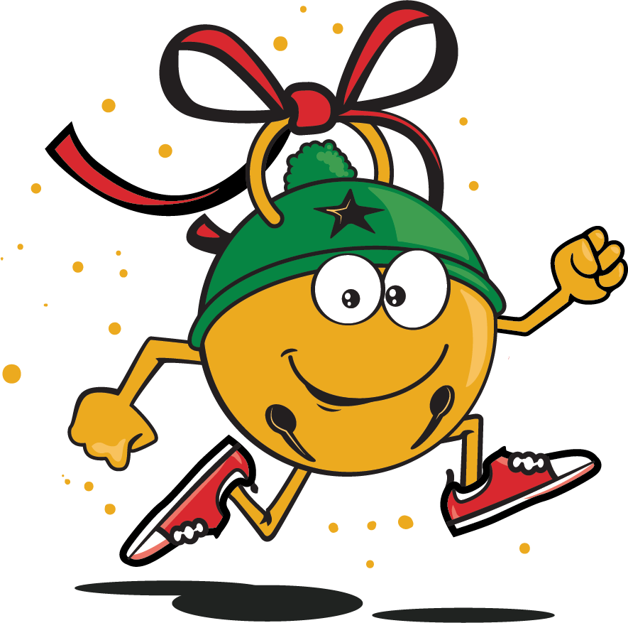 A cheerful cartoon jingle bell with arms and legs, wearing a green winter hat and red sneakers, is running energetically with a big smile and a red and black bow on top.