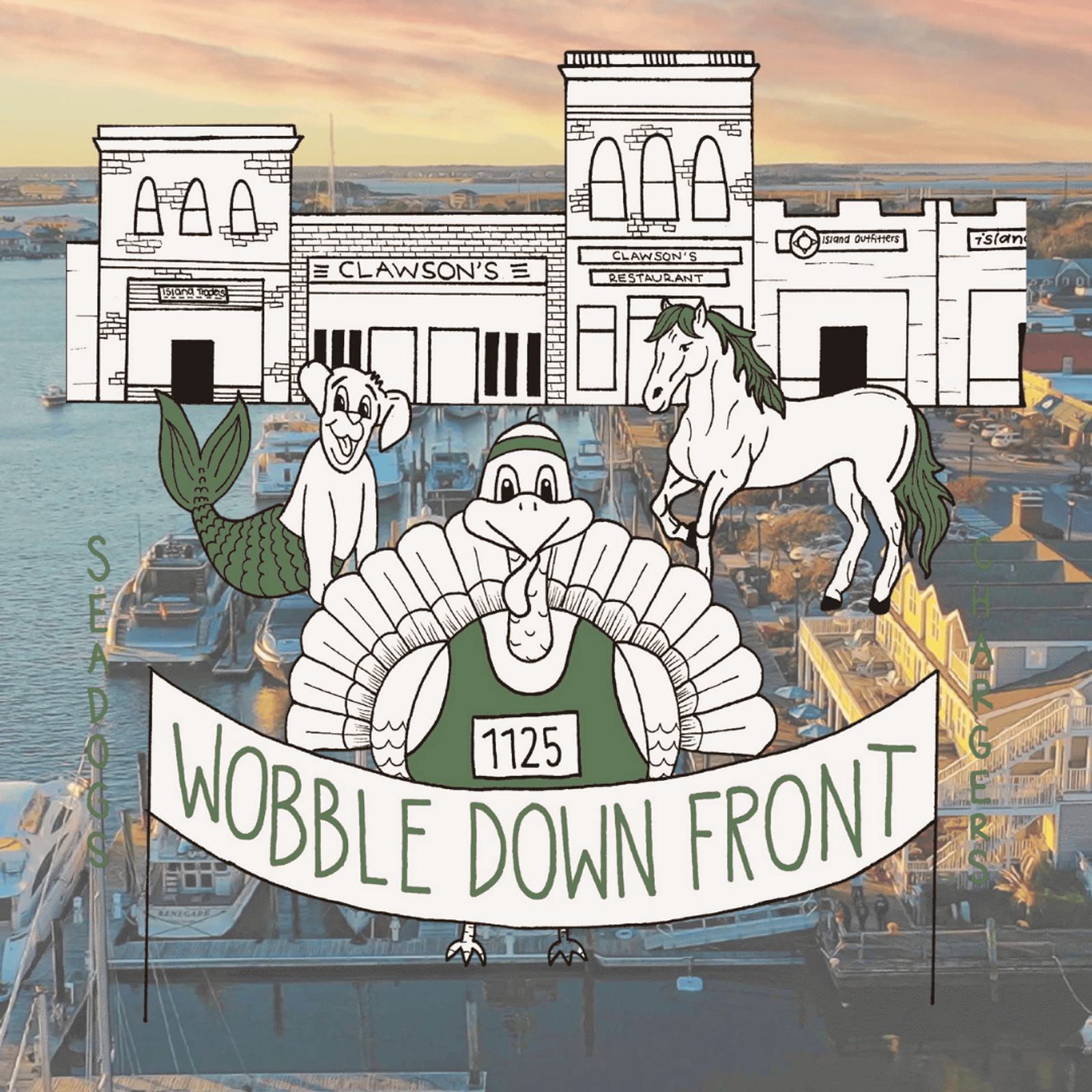 Illustration of waterfront buildings, a mermaid, goat, horse, and a turkey wearing a race bib labeled 1125. The turkey holds a banner reading “Wobble Down Front” over a harbor at sunset.