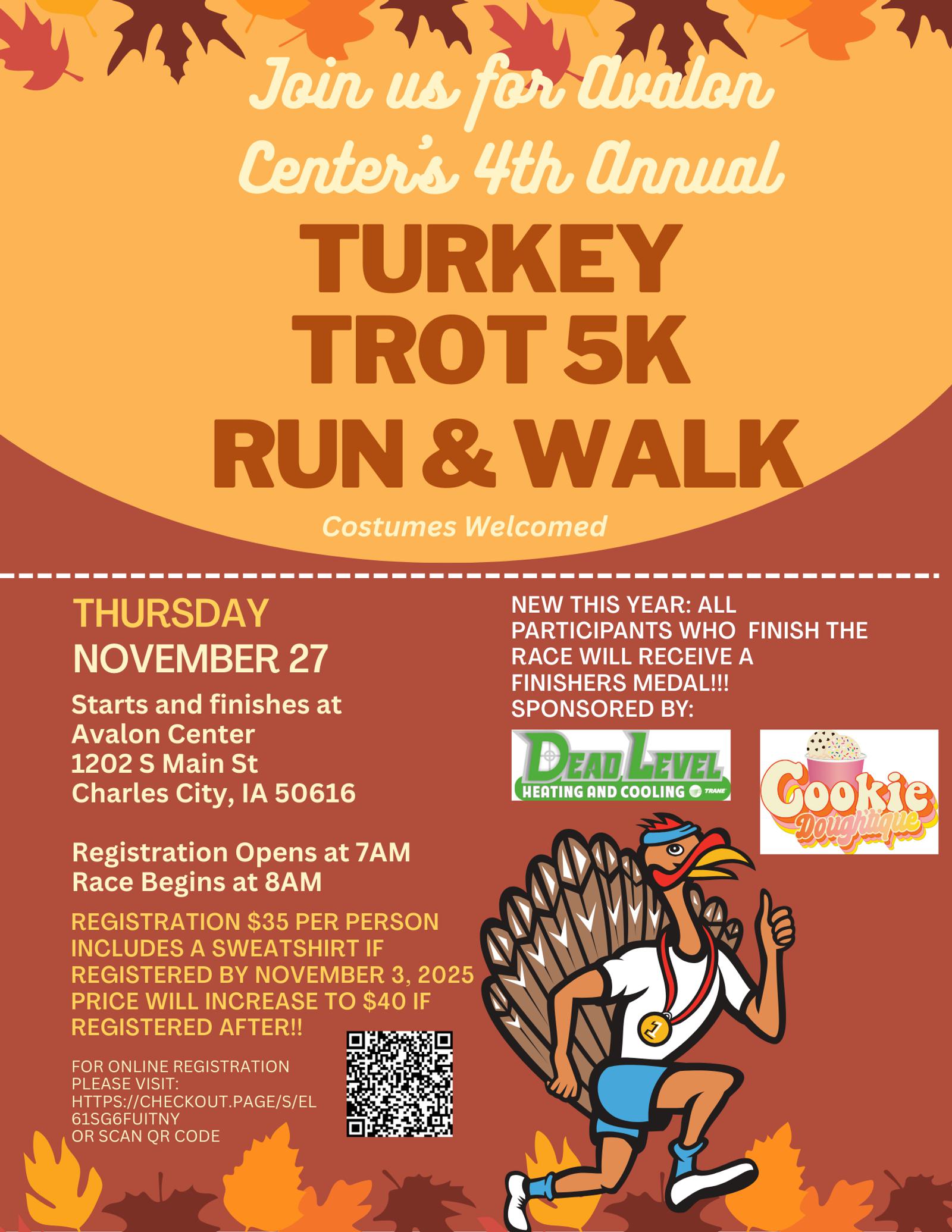 Bright Thanksgiving-themed flyer for Avalon Center’s 4th Annual Turkey Trot 5K Run & Walk. Details include date, time, location, fees, registration info, a cartoon turkey in running gear, and sponsor logos.