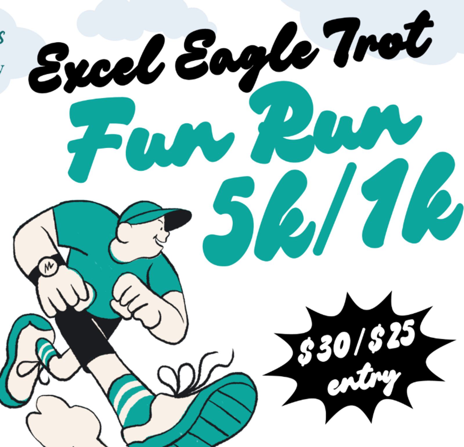 Cartoon runner in teal athletic gear with text: "Excel Eagle Trot Fun Run 5k/1k" and "$30/$25 entry" on a white background. The runner is smiling and mid-stride.
